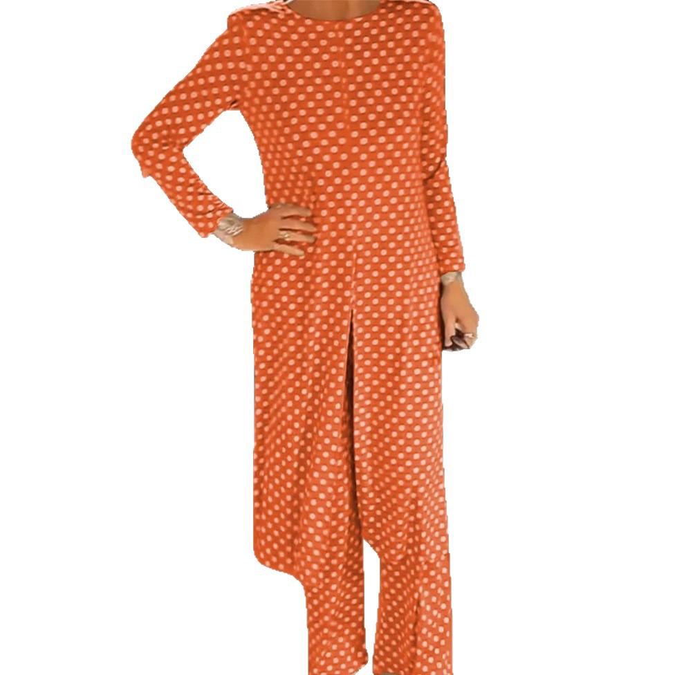 New Trendy Round-neck Long-sleeved Split Polka Dot Long Pants Casual Suit for Women
