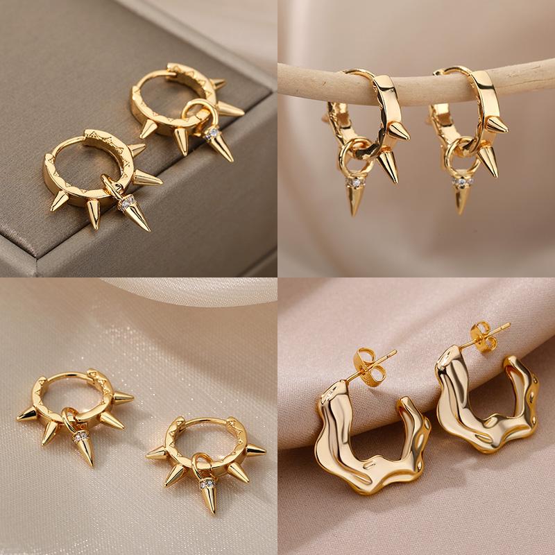 Punk Spike Rivet Stainless Steel Earrings For Women Gold Earring Gothic Christmas Party Jewelry Gift Bijoux Femme
