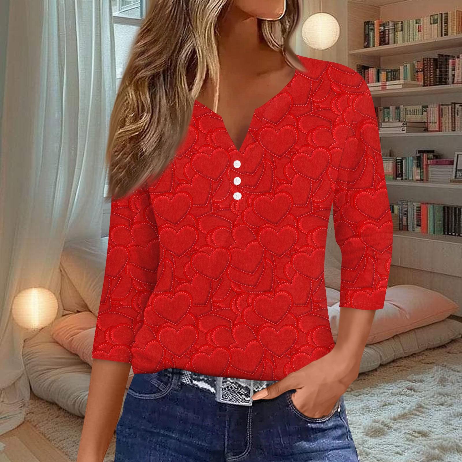 

Женская мода Повседневная полосатая футболка с v-образным вырезом и декоративными пуговицами с рукавом три четверти Топ M красный