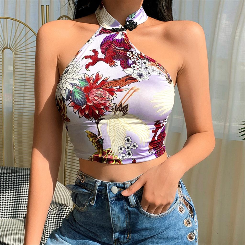 Dámský sexy potisk stahovací límeček Cheongsam bez rukávů úzký top