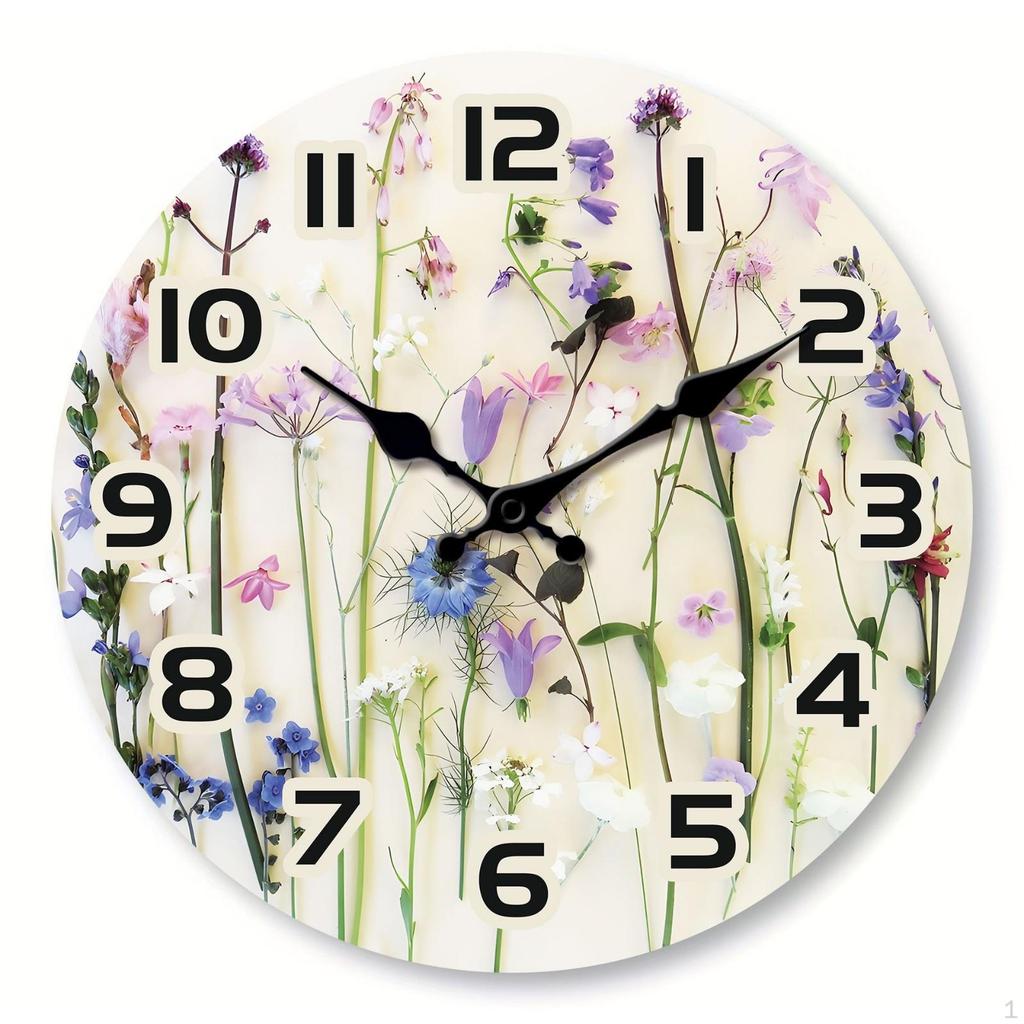 Wood Grain Wall Clock Decorative Vintage Powered Home Decor Floral