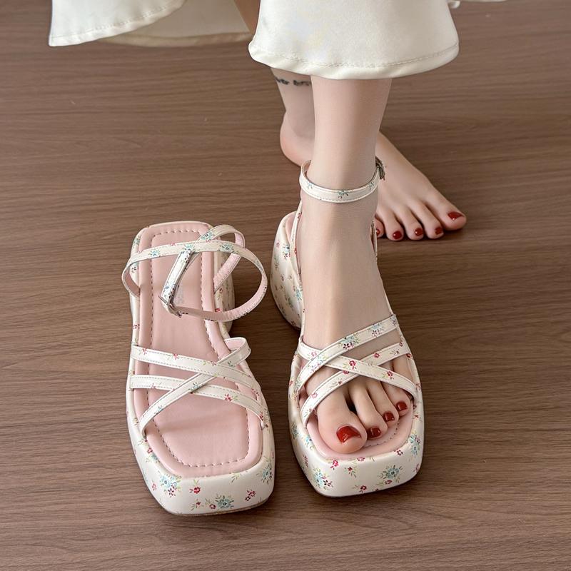 2025 Summer Women Floral Platform Wedges Heel Female Sandals Fashion Narrow Band Ladies Elegant Party Dress Gladiator Sandalias