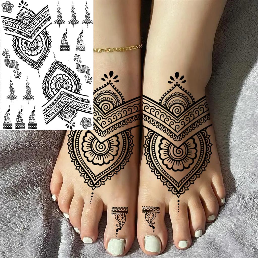 Body Art Henna Temporary Tattoos For Women Adult Fake Mandala Flower Tattoo Sticker Feather Butterfly Black Tatoos Leg Feet Foot