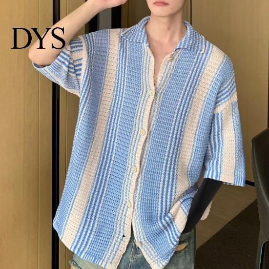 Farbblock-Revershemd Sommer Herren Gestrickt Farbkombination Elastisch Japanischer Stil Einreihig Lässig Kurze Ärmel Retro Schrumpffest Urlaub
