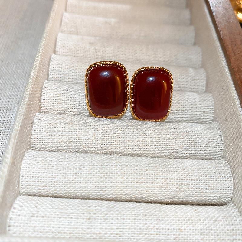 Square love red earrings literary and artistic fan temperament retro stud earrings New Year's earrings women