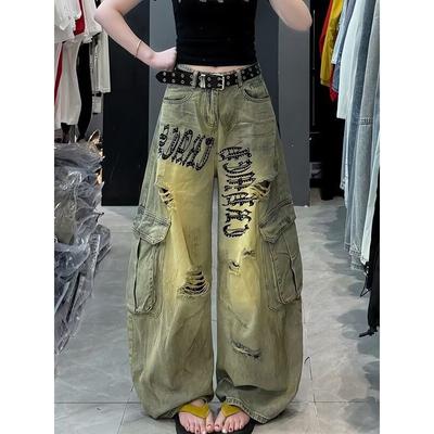 Distressed Ripped Denim Pants Unisex Wide Leg Loose Fit Streetwear Jeans Fall