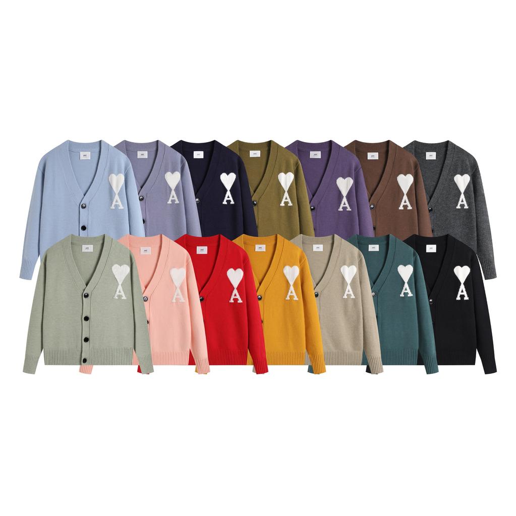 AMI 2025 Classic Couple's Embroidered White Heart Cardigan Wool Sweater