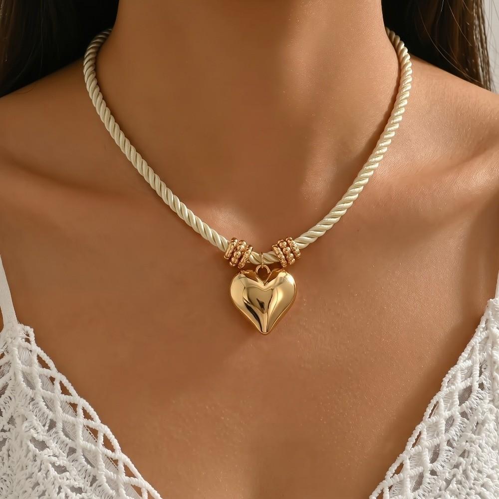 Heart-Shaped Starfish Pendant Necklace Golden Braided Thick Rope Choker Beach Vacation