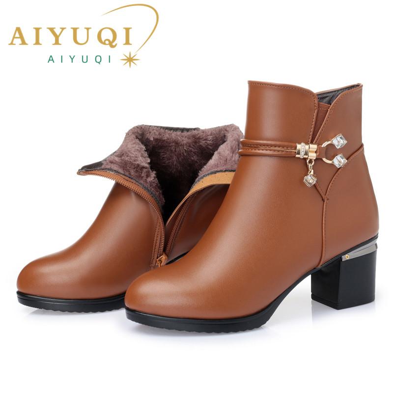 Women boots women genuine leather boots Genuine Leather high heeled ankle boots thick wool winter snow boots  free shipping