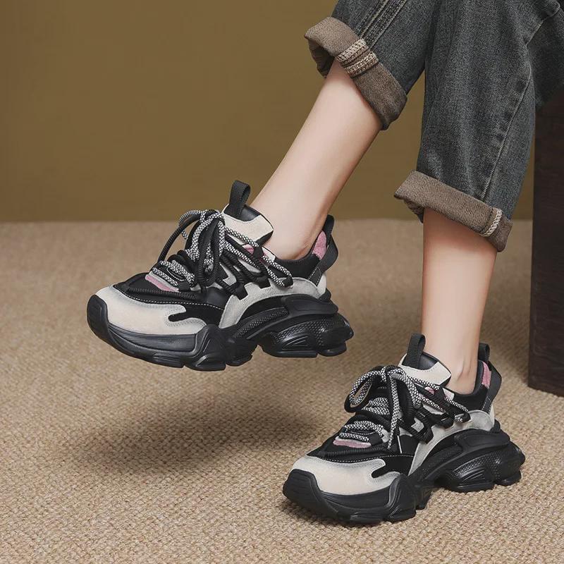 2024 Women's Genuine Leather Thick-Soled Dad Shoes: New Color Matching, Versatile Casual Sports Sneakers for Autumn