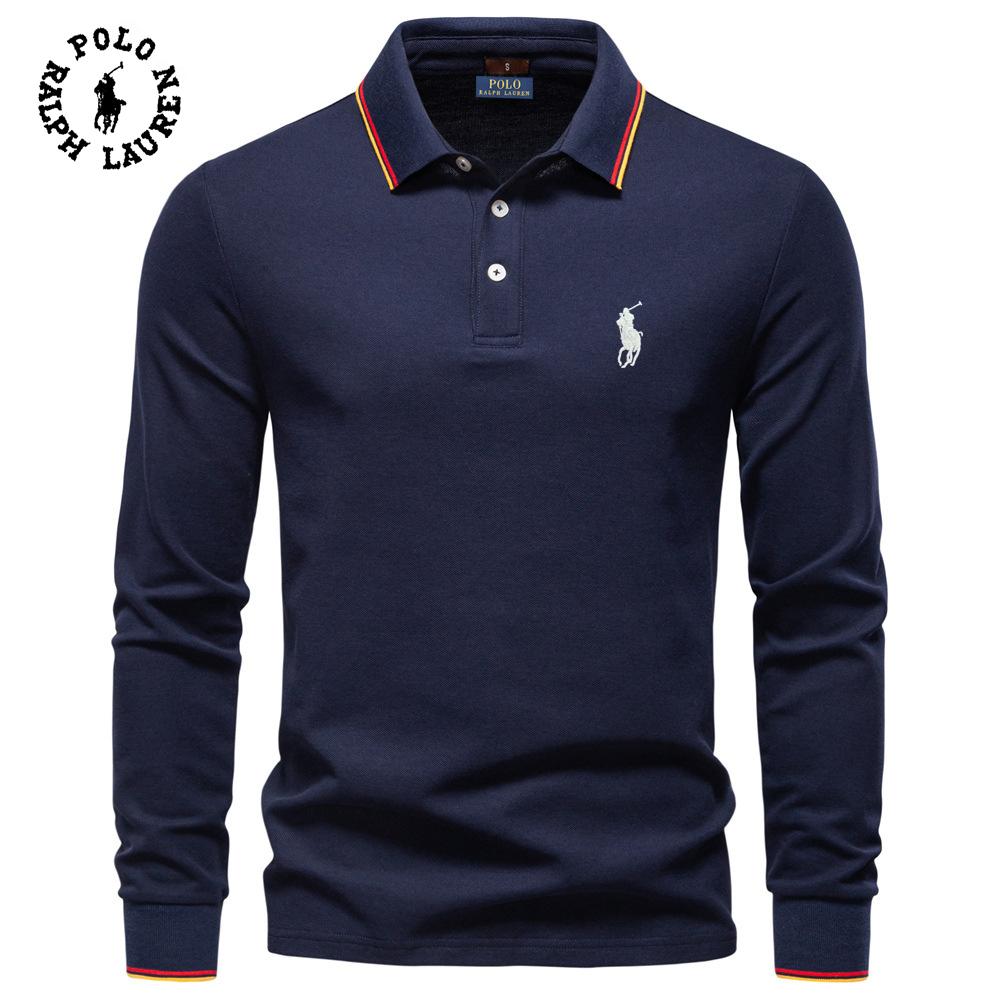 Polo Ralph Lauren 2025 Podzimní Nové Výšivky Pánské Polo tričko s dlouhým rukávem, Jednobarevný Pánský top s klopou, Všestranné Polo tričko pro muže