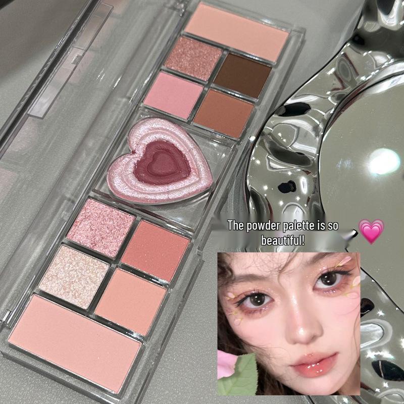 Heartbeat Twelve-Color Heart-Shaped Eyeshadow Palette: Pearlescent, Fine Glitter, Matte, Blush, Highlighter for Enhanced Complexion.