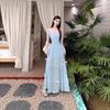 French Sweet Girl Style Bow Suspender Dress Women's Summer Design Skirt Wear A-shaped Skirt Blue