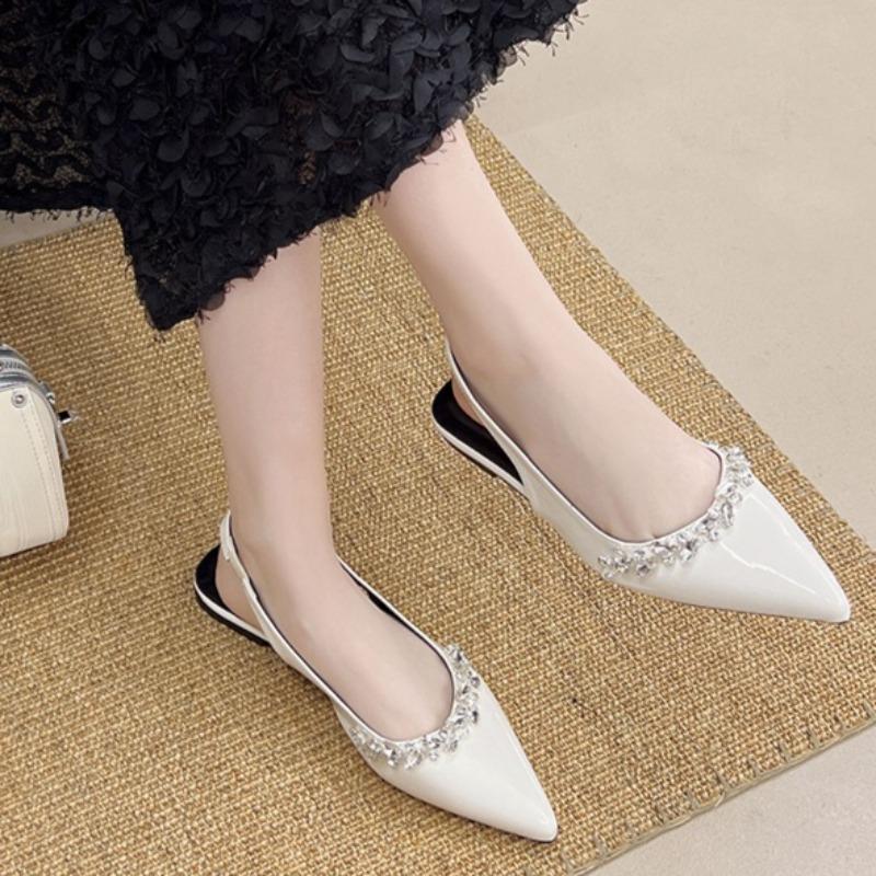 Fashion French Pointed Toe Shallow Mouth Low Heel Shoes Spring and Summer Temperament Baotou Rhinestone Soft Sole Shoes