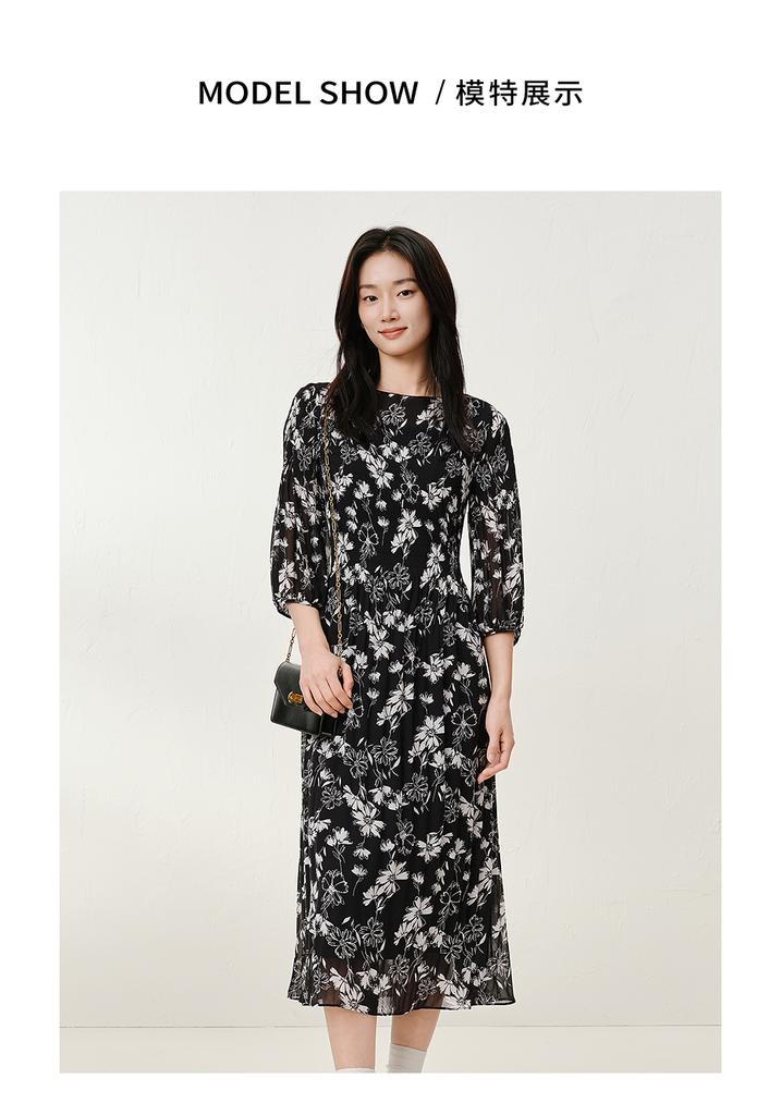 Jiuzi Anna Kou Elegant Artistic Sense Floral Pleated Chiffon Long Goddess Dress