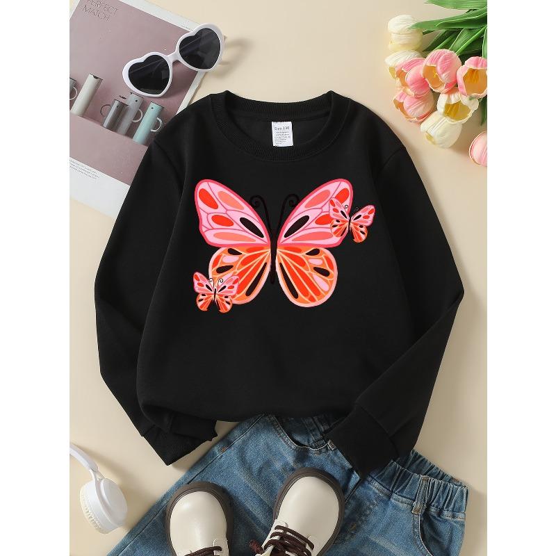 Girls' Soft Crewneck Sweatshirt, Pink Orange Butterfly Print Pattern with Cute Creative Print, Casual All-Match for Fall Winter, Ideal Holiday Present