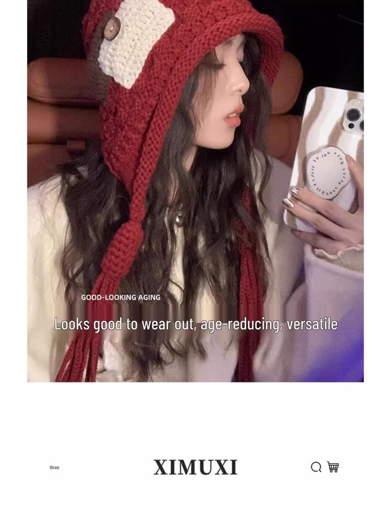 2025 Mode Roter Wollquastenhut: Damen Handgemacht Warm Zopfstrick für Herbst & Winter