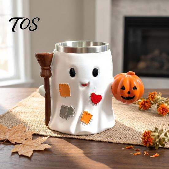 Ghost Coffee Mug 300ml Halloween Mug, Resin Insulated Cup, Cute Drink Spooky Holiday Table Decor Cup with Pumpkin And Broomstick, Drinkware Gifts for