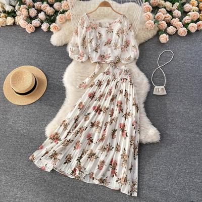 Holiday Style Suit Western Style Puff Sleeve Short Top High Waist Pleated Skirt Chiffon Floral Two-Piece Set