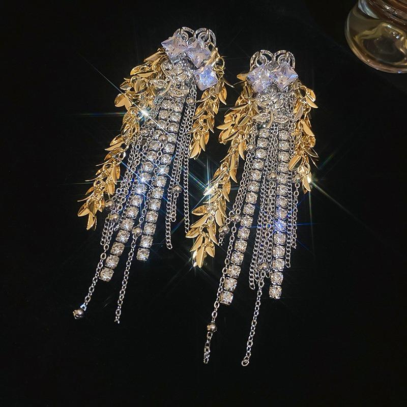 Silver Needle Diamond Flower Water Drop Tassel Earrings Exaggerated Earrings Light Luxury Premium Earrings Women