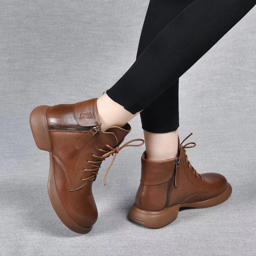 Kurze Stiefel Damen Herbst und Winter neue Revers Doppelreißverschluss Martin Stiefel erste Schicht Rindsleder flache Stiefel Damen Lederstiefel