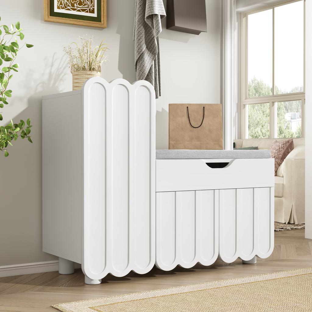 Modern 3-door shoe cabinet with drawer & seat cushion – White – Shoe cabinets and shoe benches