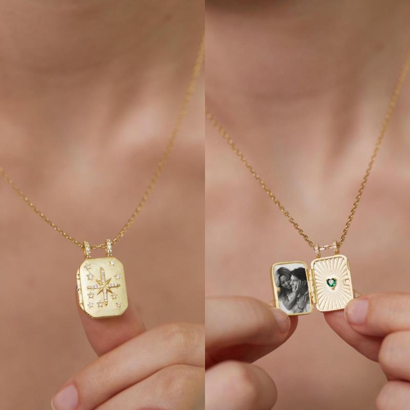 Leichter Luxus Goldkette Quadratisch Tarotkarte Foto Box Halskette Nische Kann geöffnet und geschlossen werden um Fotos hineinzulegen Gedenkstil Persönlichkeit