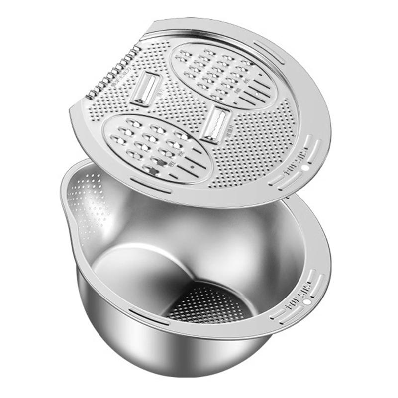 Steel Rice Washer Bowl with Side Drain Holes And Integrated Grater Small Colander for Cleaning Vegetable Bean Kitchen