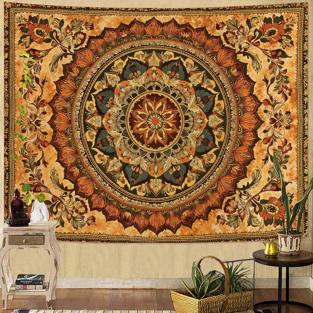 Bohemian Mandala Tapestry, Intricate Floral Design In Warm Orange & Brown Hues, Wall Art for Cozy & Eclectic Rooms