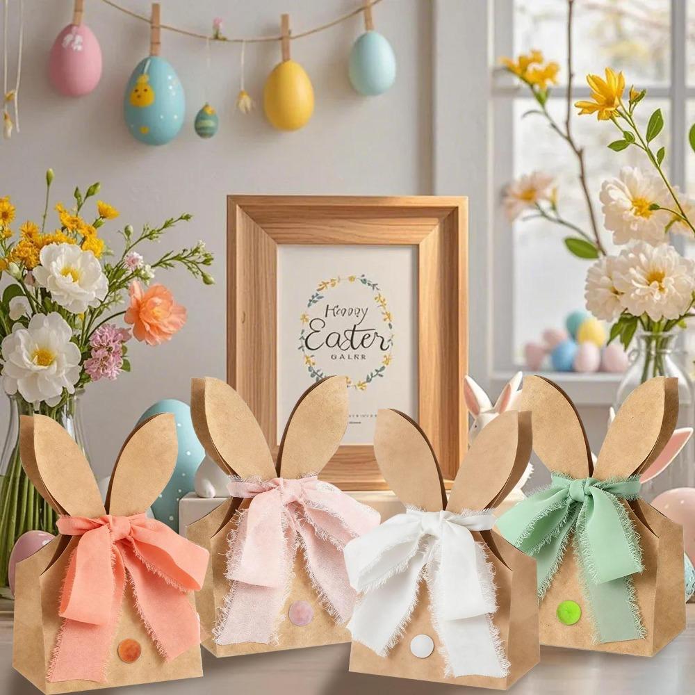 12PCS with Ribbon Bow Easter Rabbit Candy Gift Box Cartoon Bunny Gift Bag  Easter Decoration