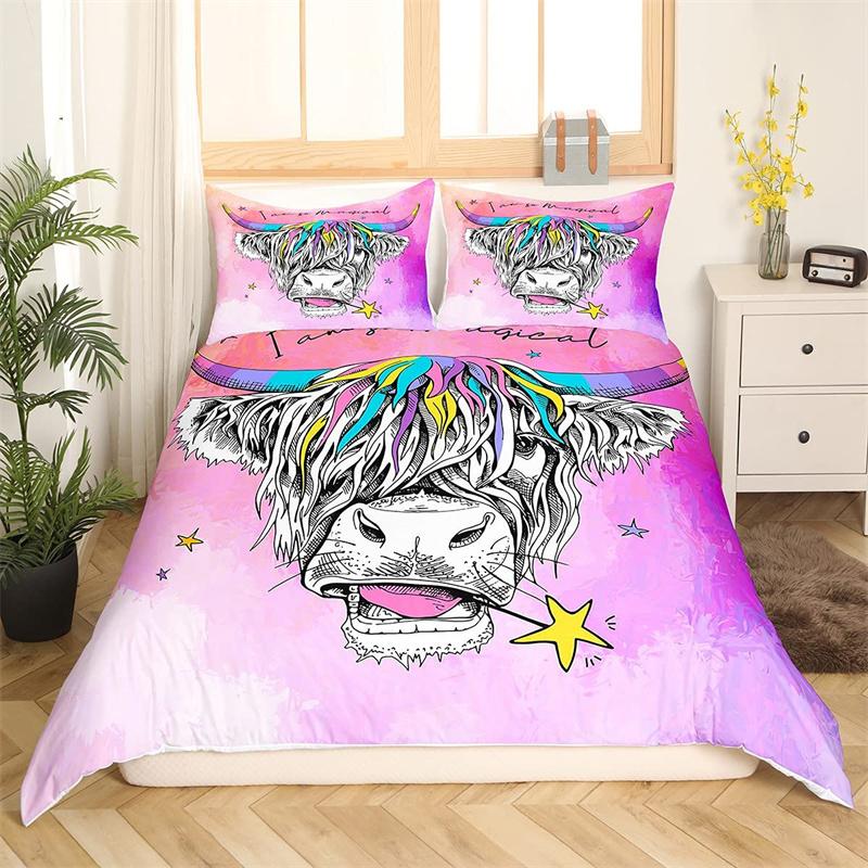 Highland Cow Duvet Cover Western Farm Animal Bedding Set Full King For Boys Girls Microfiber Floral Bull Cattle Comforter Cover