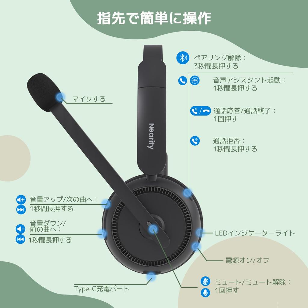 Nearity EP320 Headset for for Call with USB Dongle Charging Bluetooth Noise Clear 45 Hours Continuous Compatible with Black PC, Wireless, Centers,