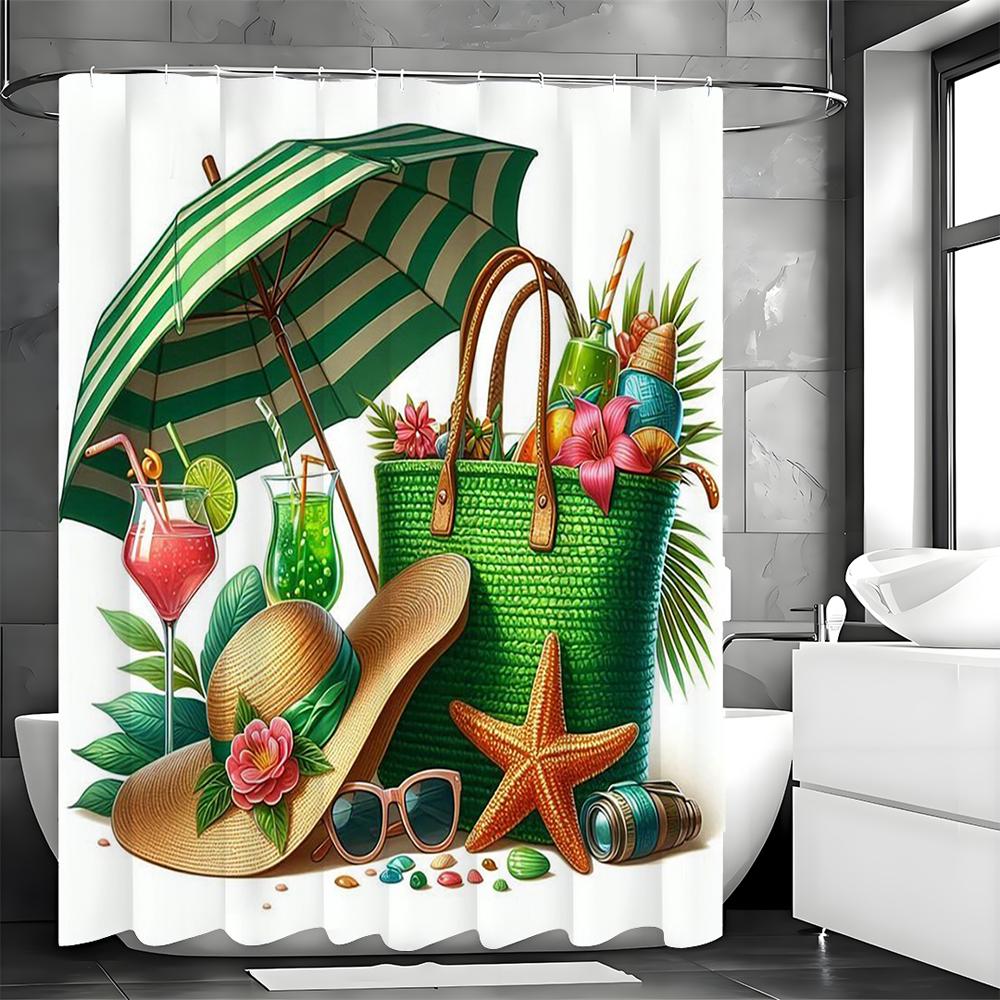 Green Parasol Woven Bag Straw Hat Floral Drinks Shower Curtain, Bathroom Decorative Shower Curtain, Waterproof Shower Curtain wi
