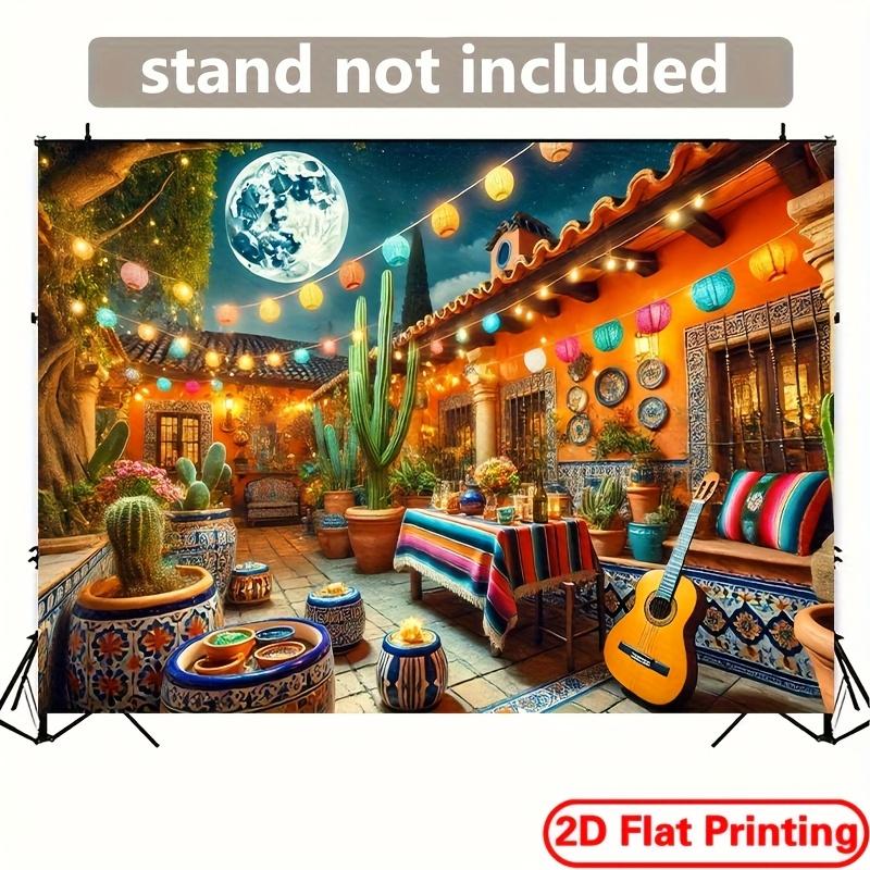 2D plane - Cultural celebration colorfully decorated Mexican courtyard scene background banner - polyester wall decoration