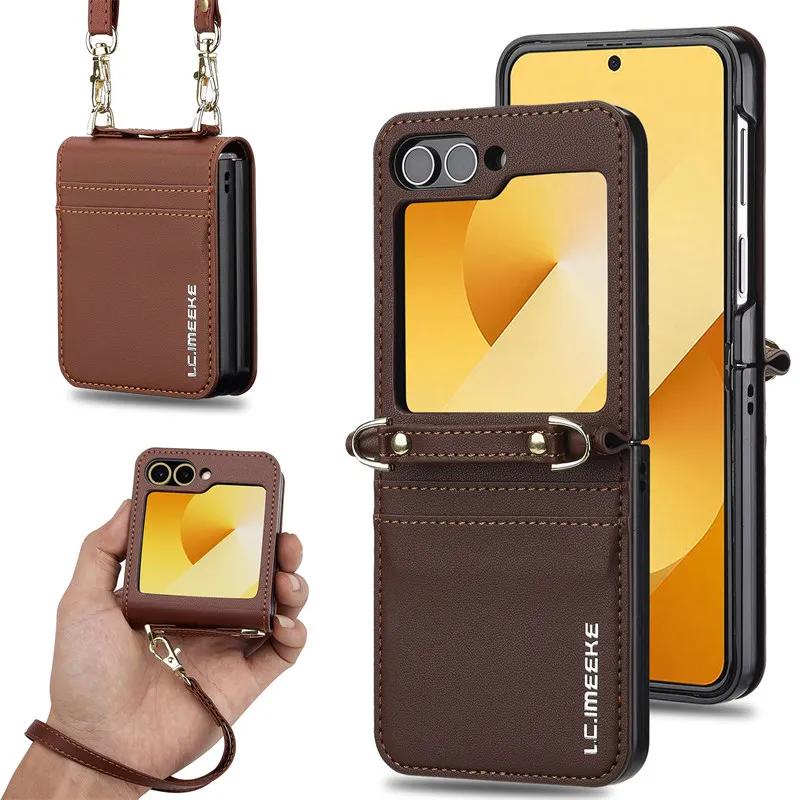 Magnetic Flip Leather Phone Case for Samsung Galaxy Z Flip 6 5 4 3 5G Flip6 Flip5 Flip4 Wallet Card Cover Etui Coque