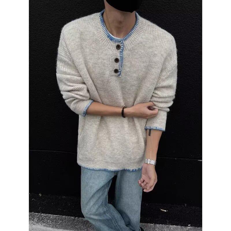 Men s Retro Henley Knit Sweater - Loose, Versatile, Casual Pullover for Autumn/Winter. L
