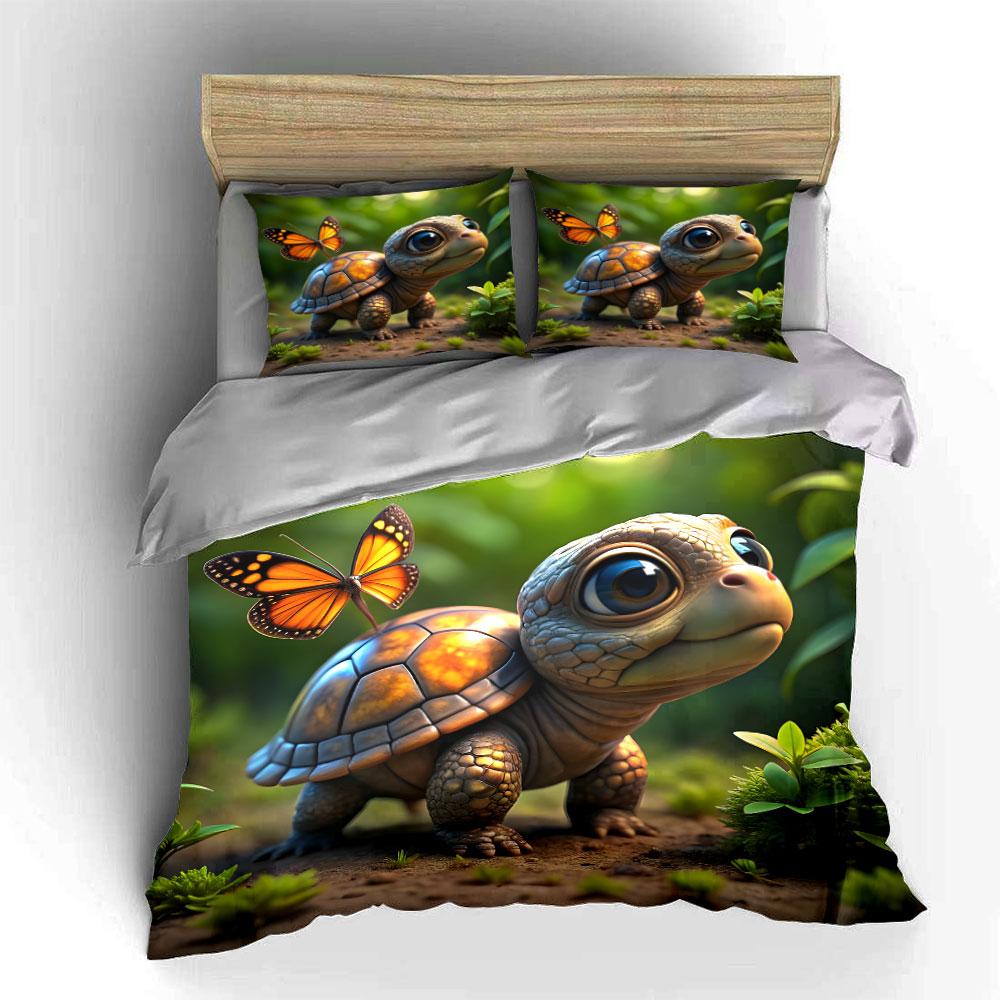 Turtle and Butterfly in Fairy Forest Print Bedding Set 1Duvet Cover 2 Pillowcases for Adult and Children Luxury Gift Full Size