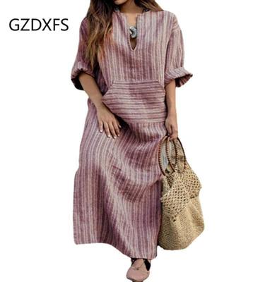 New Cotton Linen Yarn Dyed Striped Loose Long Dress