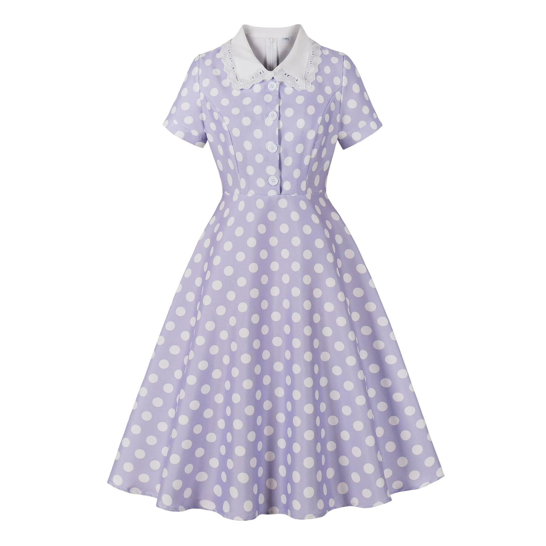 Women s Fashionable Lace Collar Polka Dot Retro Hepburn-Style Short-Sleeve Flared Dress Summer L