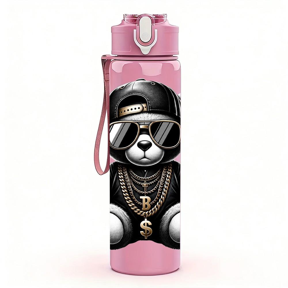 1PC Cool Gangster Teddy Bear Character Print 750ml Color Plastic Sports Water Bottle Leakproof Flip Straw Lid Suitable for Sports Office Home Use