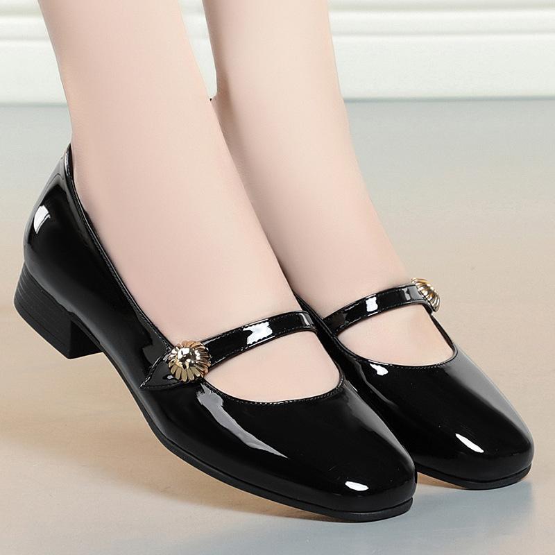 fashion Women's Summer Square Toe Single Shoes On Metal Decoration Flower Leisure Outdoor Lady Sweet Shallow Mouth Low-heeled Patent