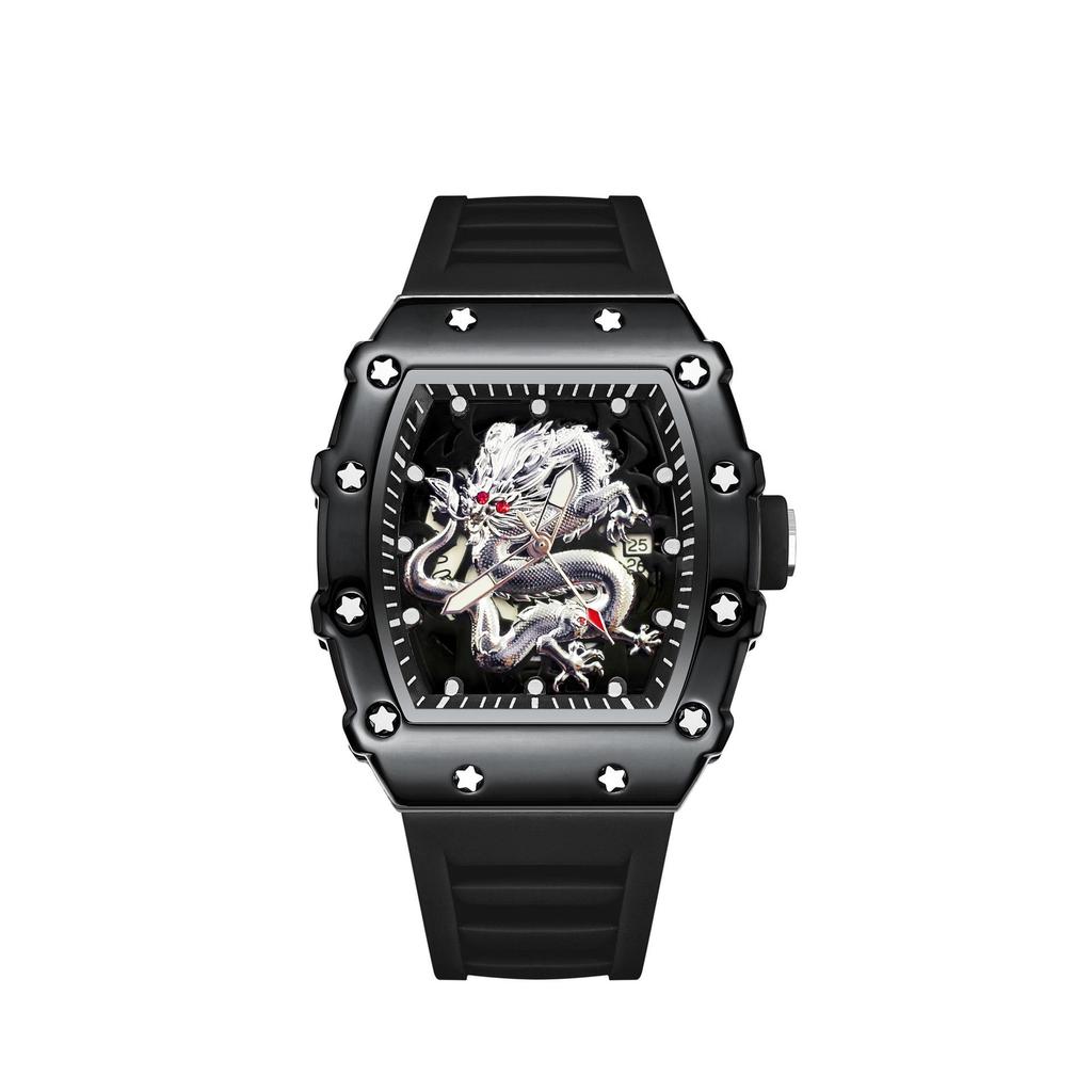 2024 Herren Tonneau Silber Drache Quarz Uhr: Lässig, Sportlich, Leuchtend, Wasserdicht, Vollautomatisch.