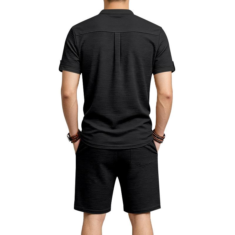 Men's 2-Piece Casual Outfit Henley Neck Short Sleeve T-Shirt Elastic Waist Shorts Set Summer Breathable Textured Tracksuit