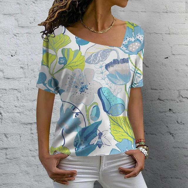 V-neck Fashion T Shirt Summer Flower Printing Short Sleeve Women's Casual Basic T-Shirt Ladies Vintage Elegance Tops