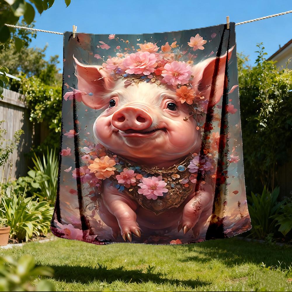 1pc Floral Pig Decorative Throw Blanket Polyester Fiber, Lightweight Flannel, Soft & Warm, All Season Use for Outdoor, Camping Digital Print