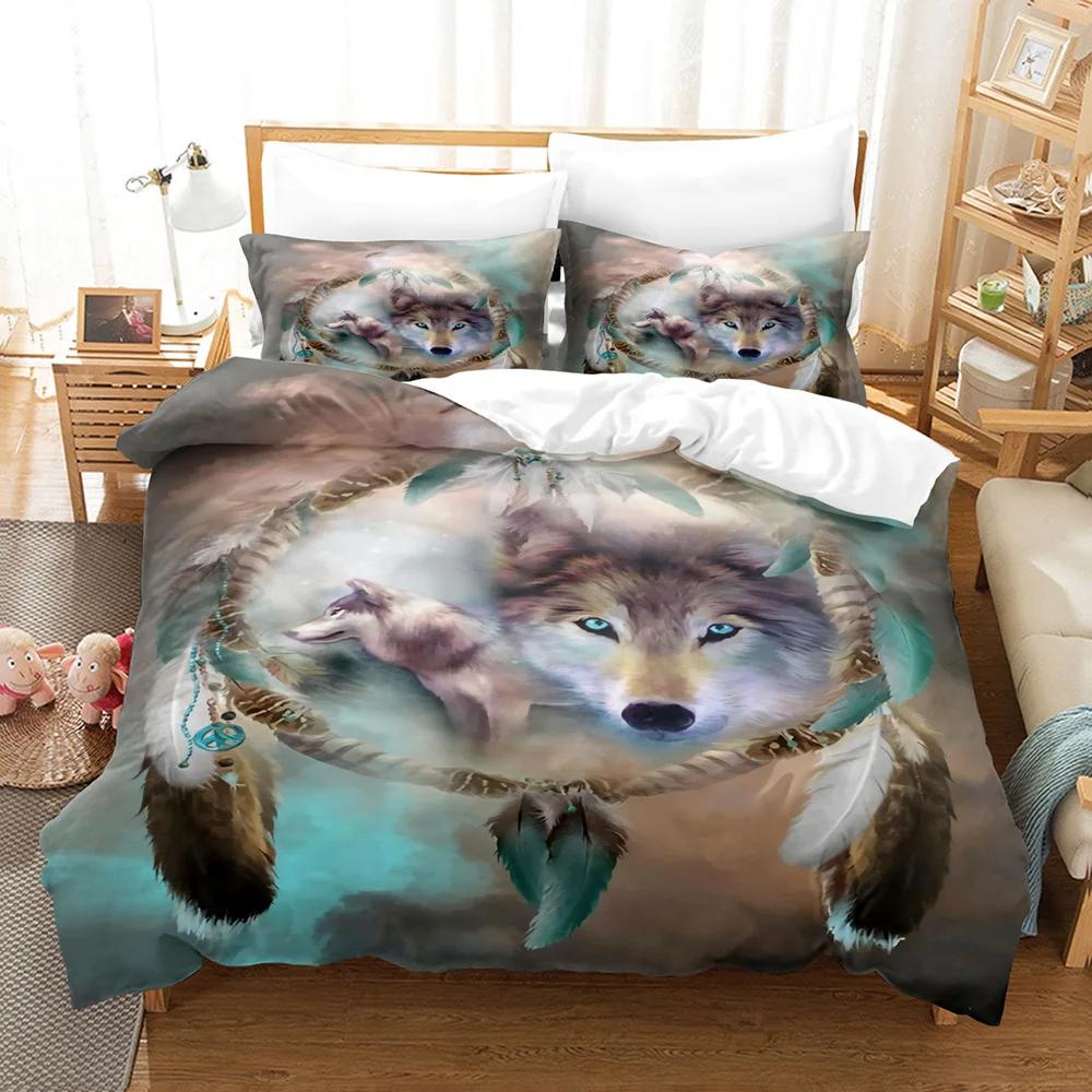 Boys Wolf Duvet Cover Set Queen Size, Boho Wolf Wildlife Animal Bedding Set Men Galaxy Dream Catcher Moon Polyester Quilt Cover