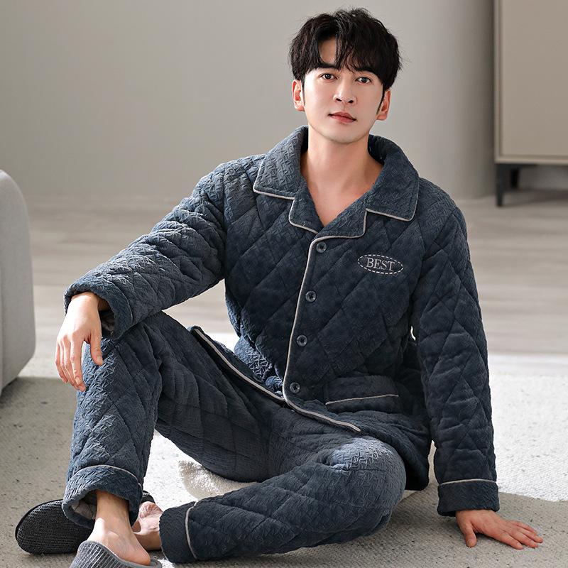 Pajamas Men's Winter 1011 New Three-layer Thickened Fleece Padded Cotton Autumn and Winter Middle-aged Dad Large Size Winter Loungewear