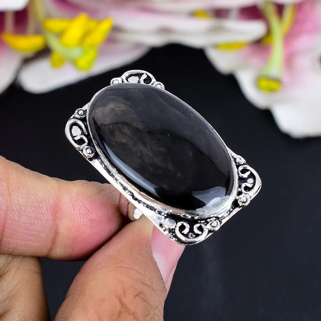 Silversheen Obsidian Gemstone 925 Sterling Silver Jewelry Ring Size 9.5 KG-1678