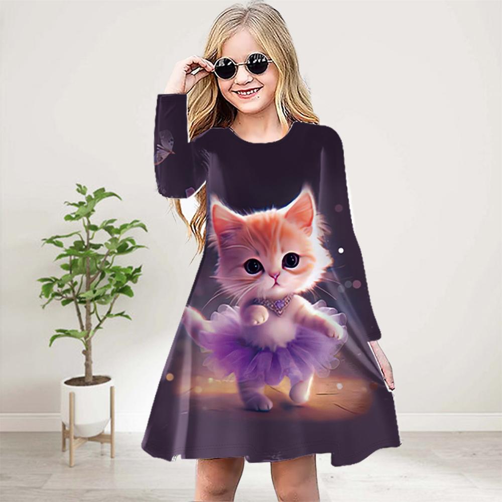 Girl Casual 3D Print Crown Cat Round Neck Long Sleeve Dress Kid Princess Dress