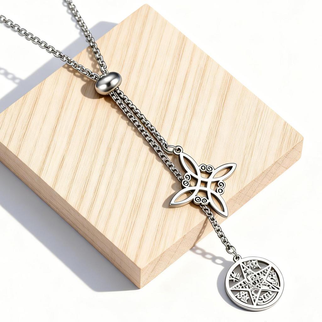 Tetragram Pentagram i Węzeł Czarownicy Naszyjnik Długi Łańcuszek Pudełkowy Podwójny Wisiorek Amulety Naszyjniki Biżuteria Czarownicza Prezenty dla Pary